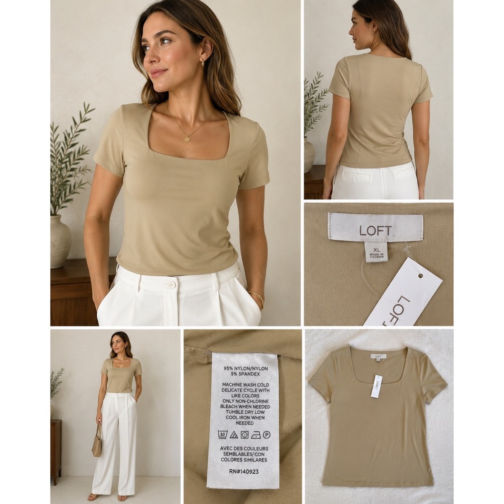 Quiet Luxury Square Neck Beige Stretch Top XL LOFT Minimalist Capsule